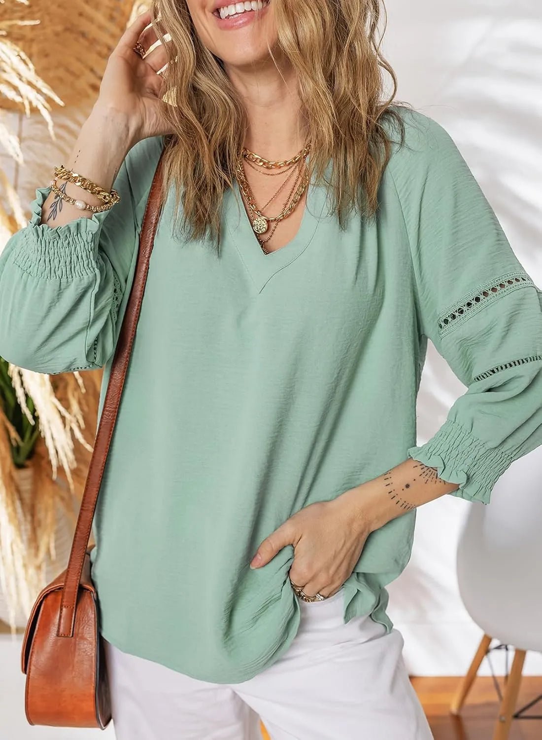 Luna Blouse | 3/4 Lantern Sleeve, V - Neck - Hartwella