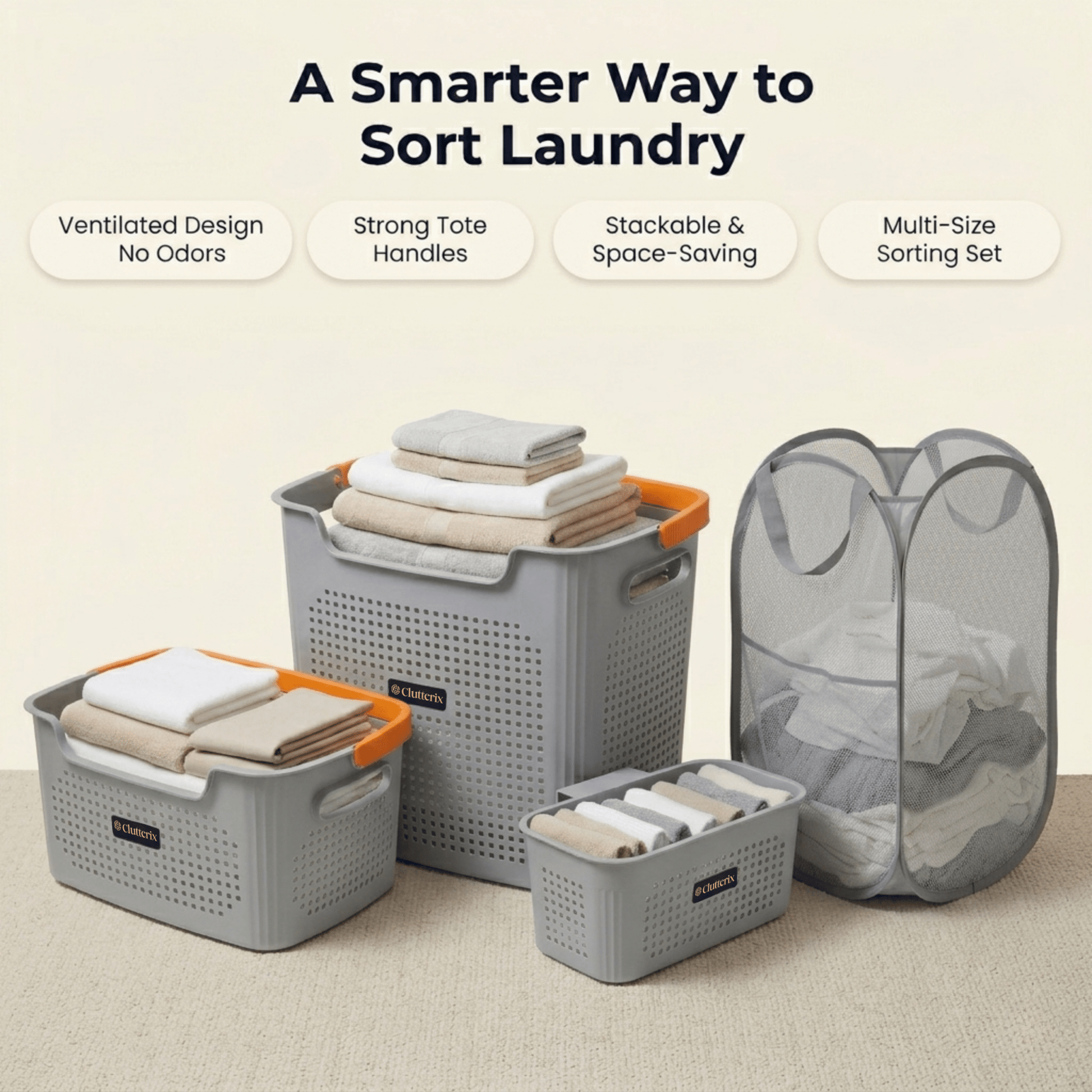 Luna Laundry Basket System | 4-Piece Space-Saving Set - Hartwella