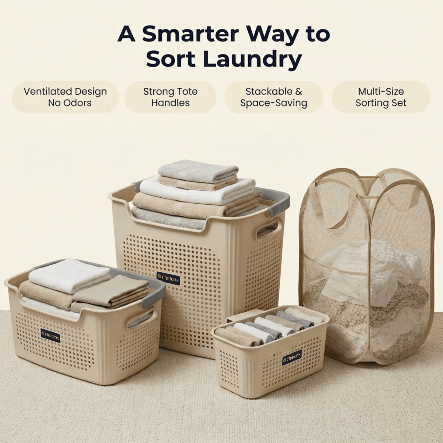 Luna Laundry Basket System | 4-Piece Space-Saving Set - Hartwella