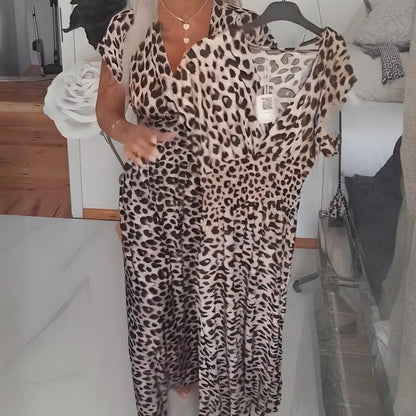 Luna Leopard Dress | Deep V - Neck, Maxi Length, Plus Size Available - Hartwella