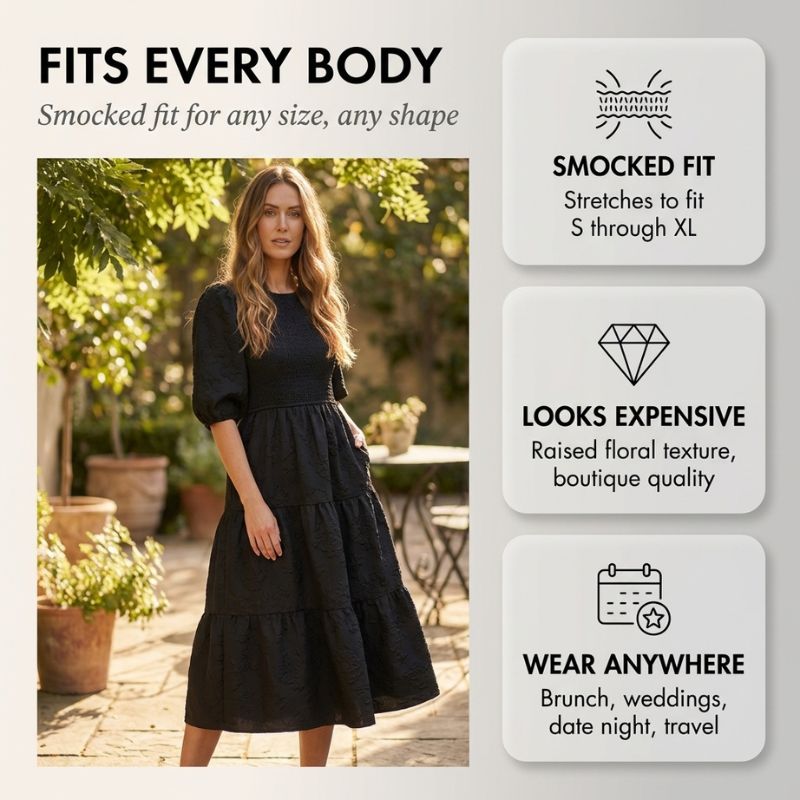 Luna Puff Sleeve Dress | Embossed Floral Jacquard - Hartwella