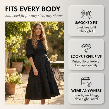 Luna Puff Sleeve Dress | Embossed Floral Jacquard - Hartwella