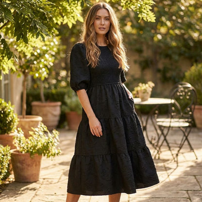 Luna Puff Sleeve Dress | Embossed Floral Jacquard - Hartwella