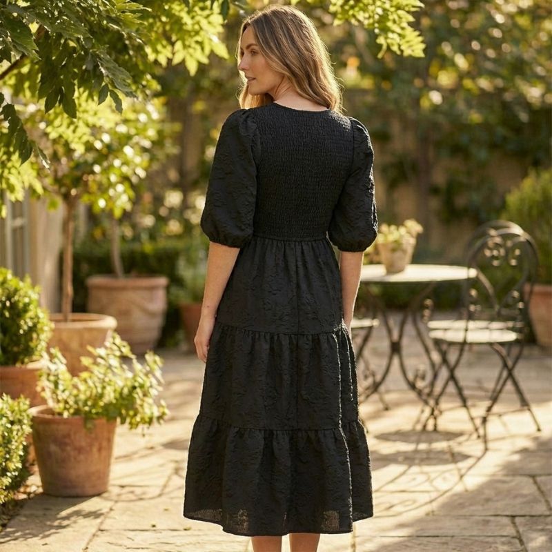 Luna Puff Sleeve Dress | Embossed Floral Jacquard - Hartwella