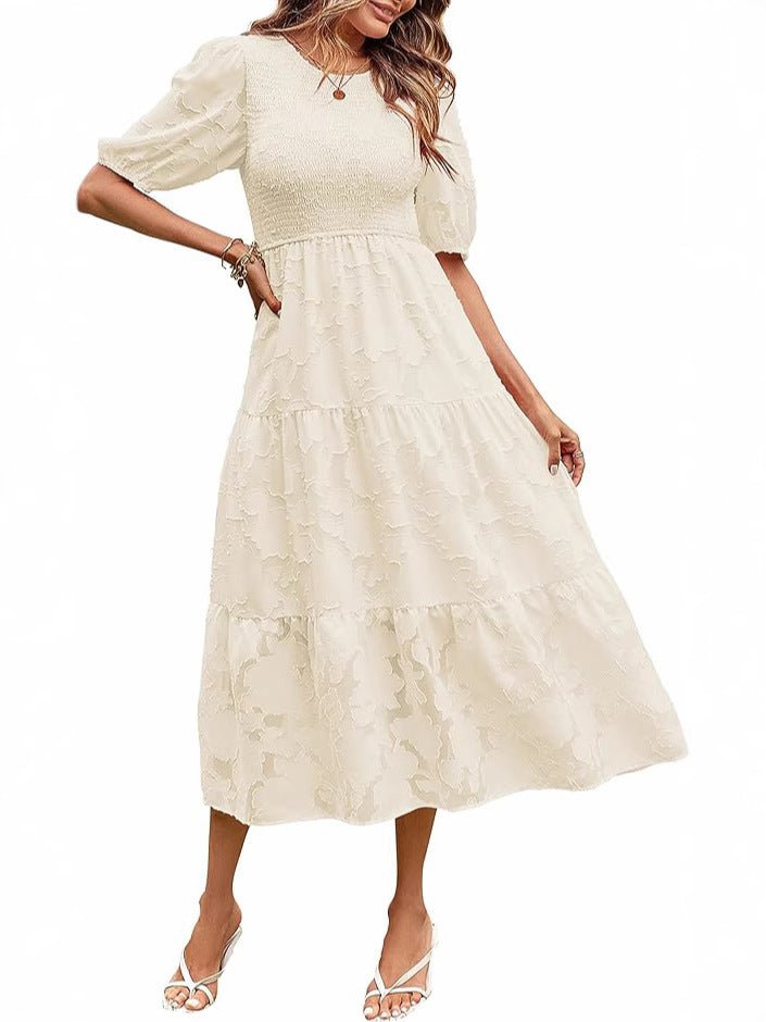 Luna Puff Sleeve Dress | Embossed Floral Jacquard - Hartwella