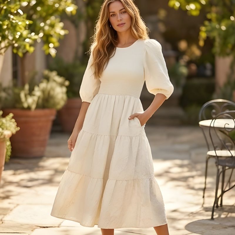 Luna Puff Sleeve Dress | Embossed Floral Jacquard - Hartwella