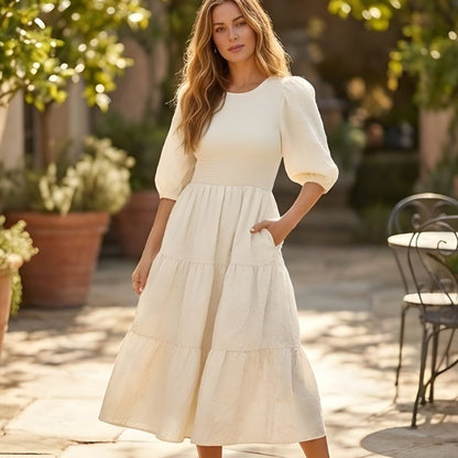 Luna Puff Sleeve Dress | Embossed Floral Jacquard - Hartwella