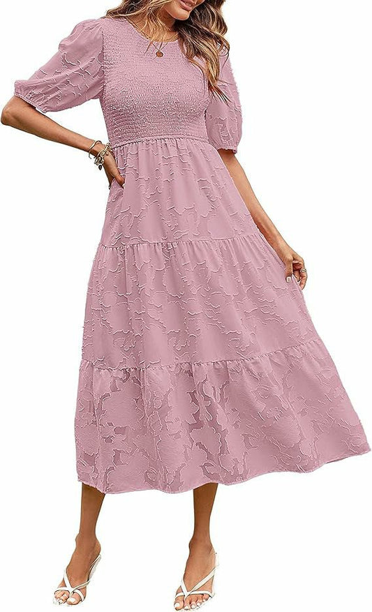 Luna Puff Sleeve Dress | Embossed Floral Jacquard - Hartwella