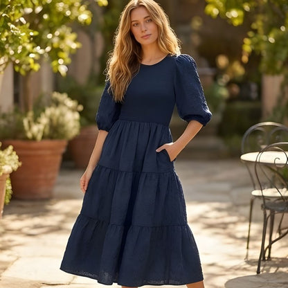 Luna Puff Sleeve Dress | Embossed Floral Jacquard - Hartwella
