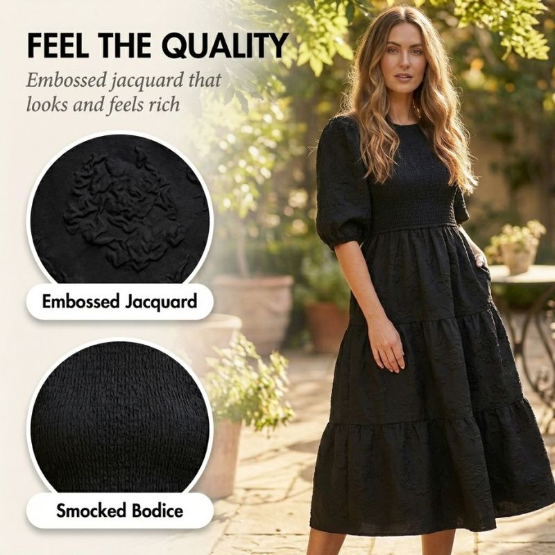 Luna Puff Sleeve Dress | Embossed Floral Jacquard - Hartwella