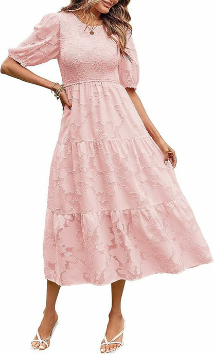 Luna Puff Sleeve Dress | Embossed Floral Jacquard - Hartwella