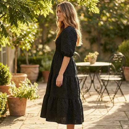 Luna Puff Sleeve Dress | Embossed Floral Jacquard - Hartwella