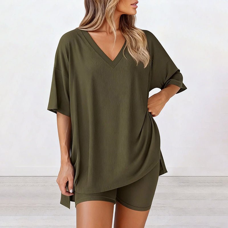 Luna Two Piece Set | Comfortable Pullover Tee and High - Waisted Shorts for Women - Hartwella