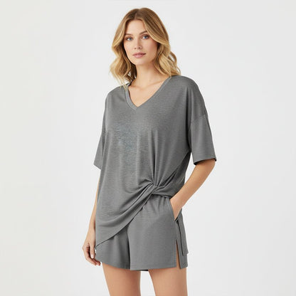 Luna Two Piece Set | Comfortable Pullover Tee and High - Waisted Shorts for Women - Hartwella