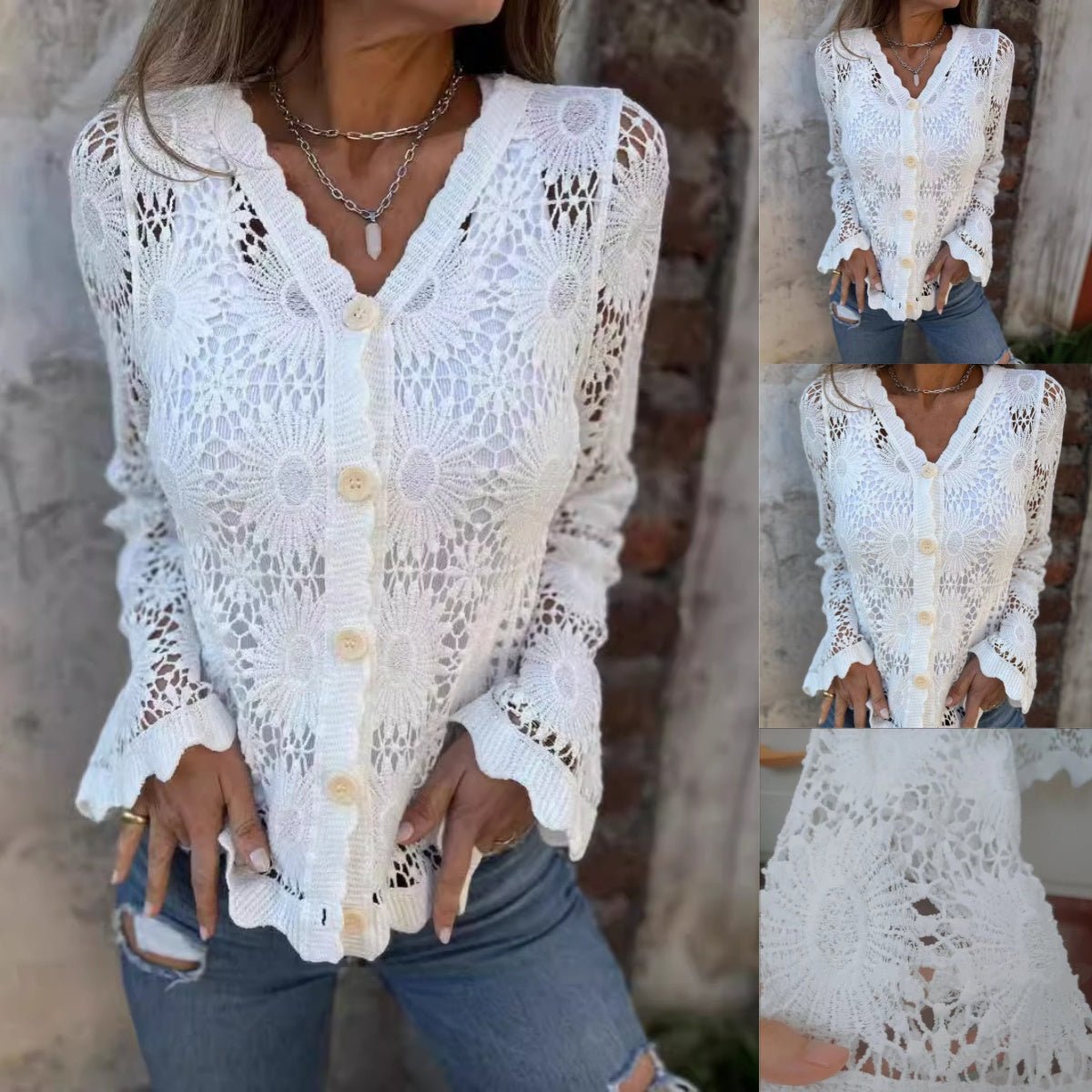 Luna Women's Jacket | Lace Detail, V - Neck Long Sleeve - Hartwella