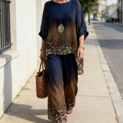 Luna Women's Set | Gradient Leopard Print Loungewear, Relaxed Fit Two Piece Sets - Hartwella