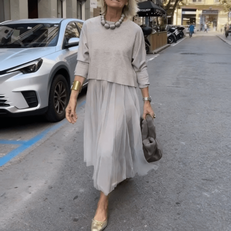 Luna Women's Set | Relaxed Knit Top & Elegant Mesh Dress, Two - Piece Loungewear - Hartwella