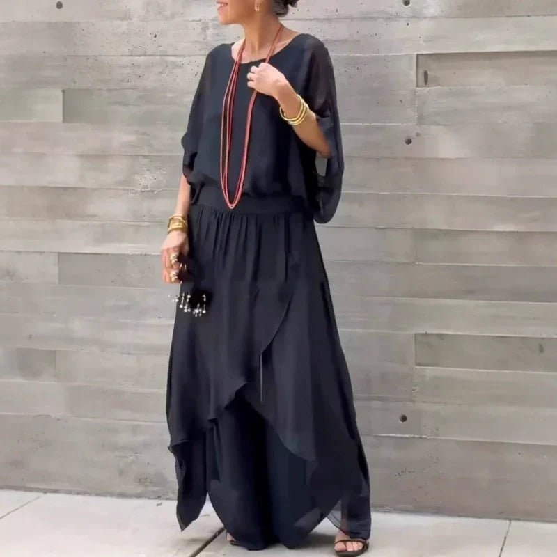 Luxe Chiffon Set | Loose Top & Slit Wide - Leg Pants - Hartwella