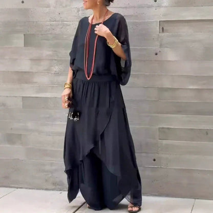 Luxe Chiffon Set | Loose Top & Slit Wide - Leg Pants - Hartwella