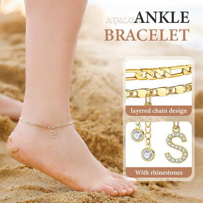 Luxe Layered Anklet | Gold Chain with Rhinestones, Adjustable Fit - Hartwella