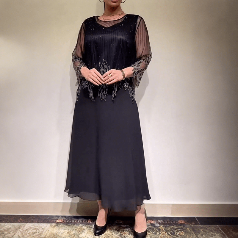 Luxe Shimmer Dress | Elegant Black Tulle Overlay, Formal Wedding Guest Cocktail Dress - Hartwella