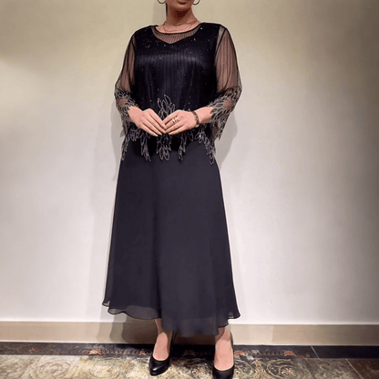 Luxe Shimmer Dress | Elegant Black Tulle Overlay, Formal Wedding Guest Cocktail Dress - Hartwella