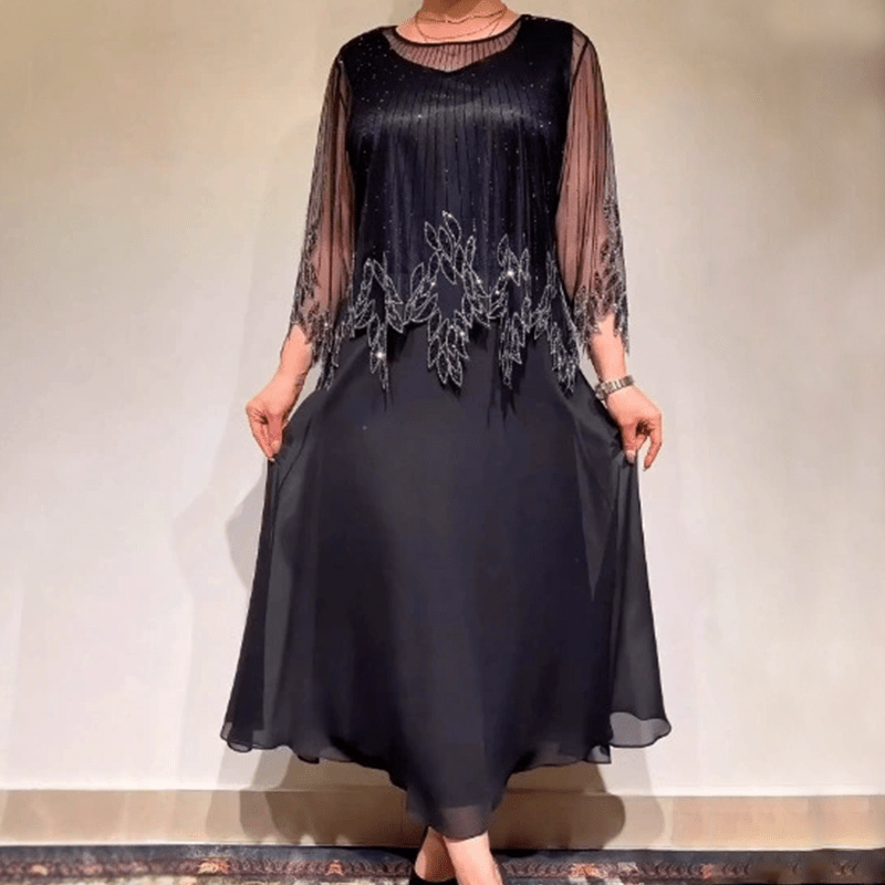 Luxe Shimmer Dress | Elegant Black Tulle Overlay, Formal Wedding Guest Cocktail Dress - Hartwella