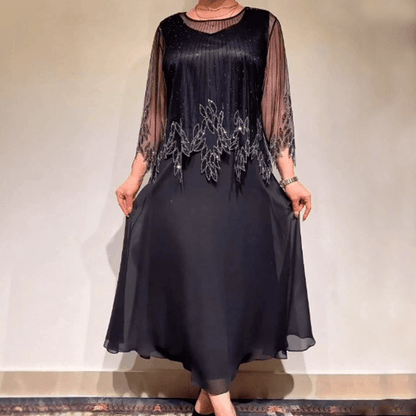 Luxe Shimmer Dress | Elegant Black Tulle Overlay, Formal Wedding Guest Cocktail Dress - Hartwella