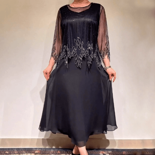 Luxe Shimmer Dress | Elegant Black Tulle Overlay, Formal Wedding Guest Cocktail Dress - Hartwella