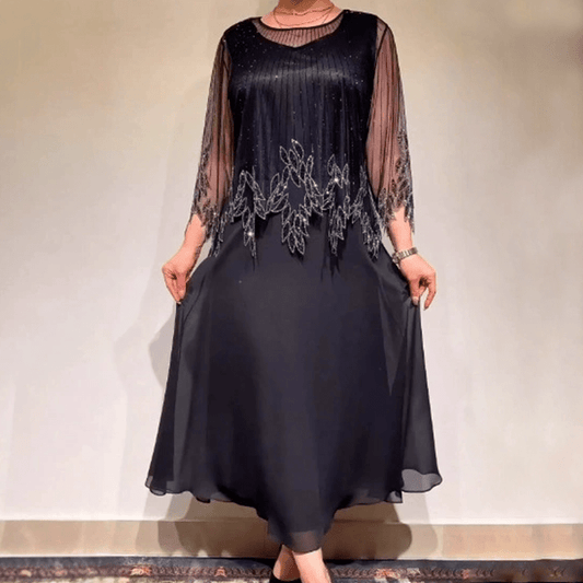Luxe Shimmer Dress | Elegant Black Tulle Overlay, Formal Wedding Guest Cocktail Dress - Hartwella