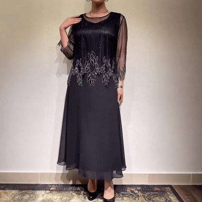 Luxe Shimmer Dress | Elegant Black Tulle Overlay, Formal Wedding Guest Cocktail Dress - Hartwella