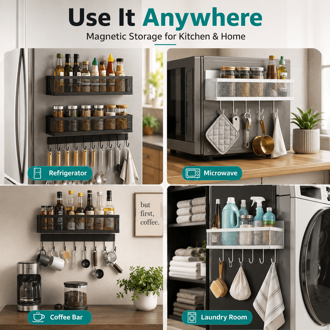 MagmaRack Kitchen Organizer | Magnetic Spice Rack with Hooks, Heavy-Duty Metal - Hartwella