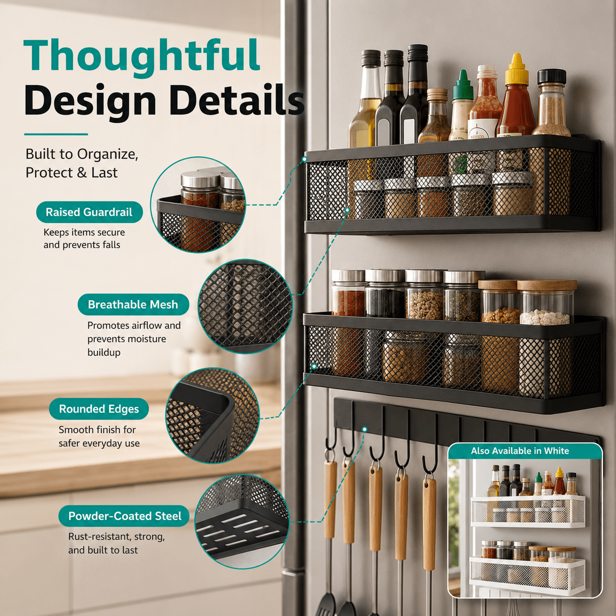 MagmaRack Kitchen Organizer | Magnetic Spice Rack with Hooks, Heavy-Duty Metal - Hartwella