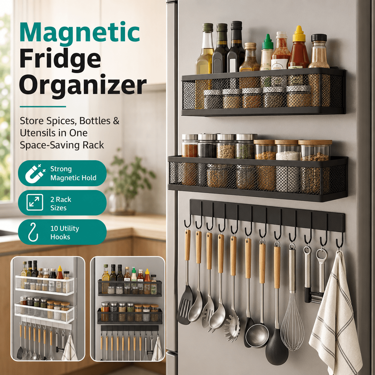 MagmaRack Kitchen Organizer | Magnetic Spice Rack with Hooks, Heavy-Duty Metal - Hartwella