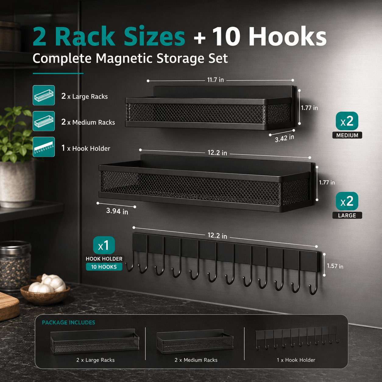 MagmaRack Kitchen Organizer | Magnetic Spice Rack with Hooks, Heavy-Duty Metal - Hartwella