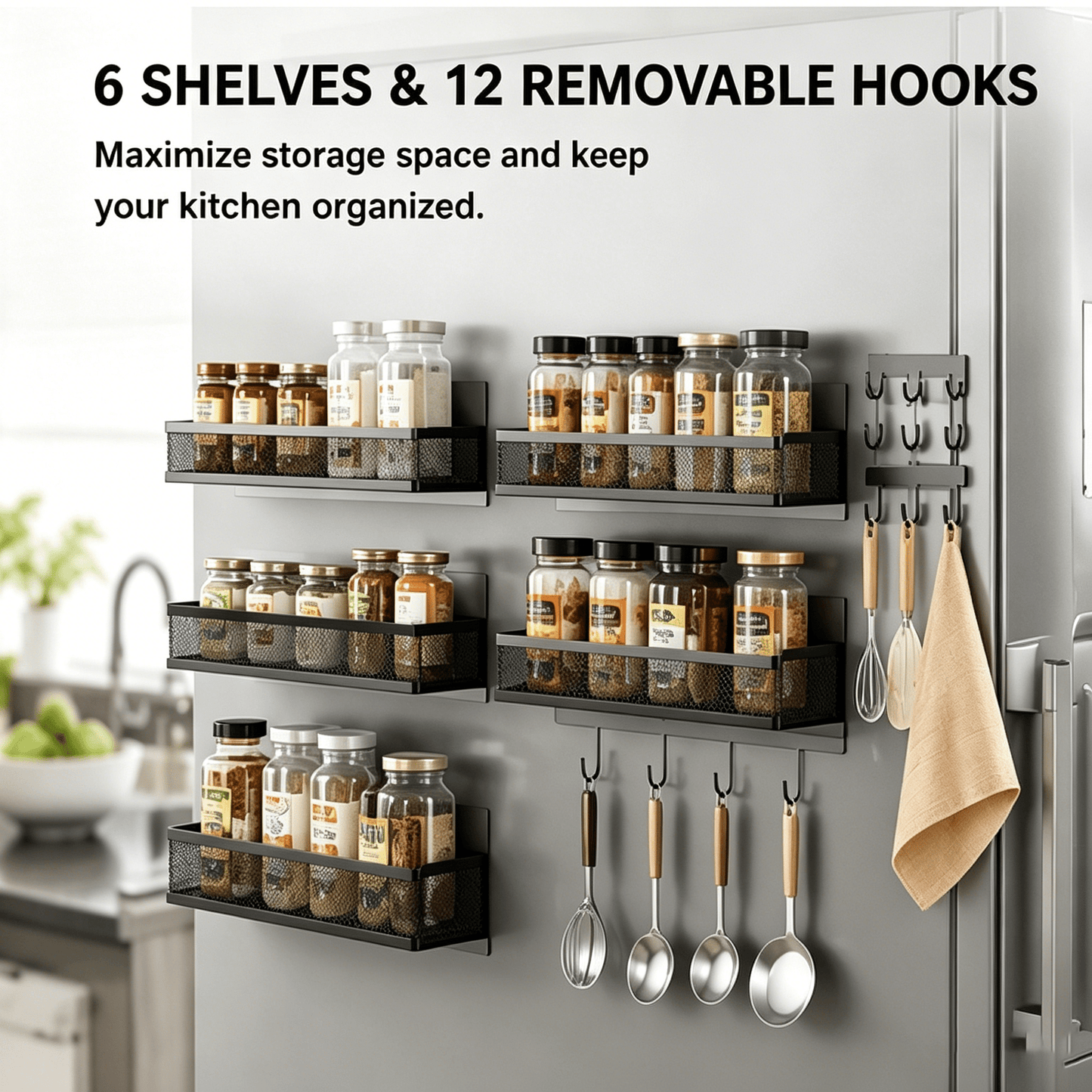 MagmaRack Kitchen Organizer | Magnetic Spice Rack with Hooks, Heavy-Duty Metal - Hartwella