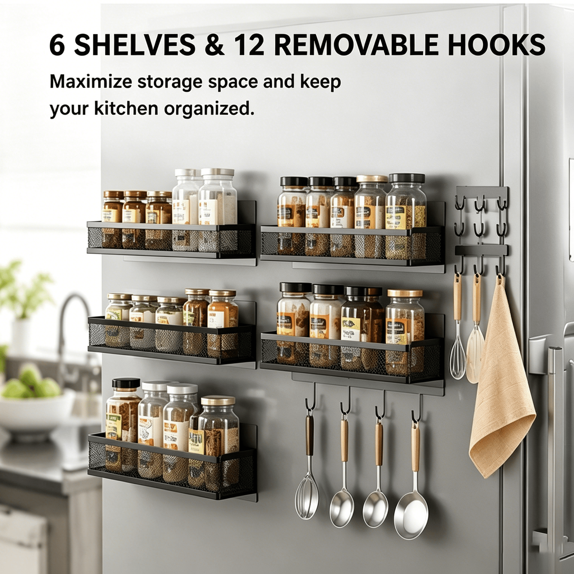 MagmaRack Kitchen Organizer | Magnetic Spice Rack with Hooks, Heavy-Duty Metal - Hartwella