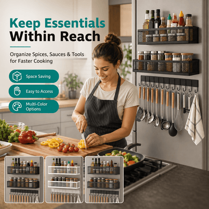 MagmaRack Kitchen Organizer | Magnetic Spice Rack with Hooks, Heavy-Duty Metal - Hartwella