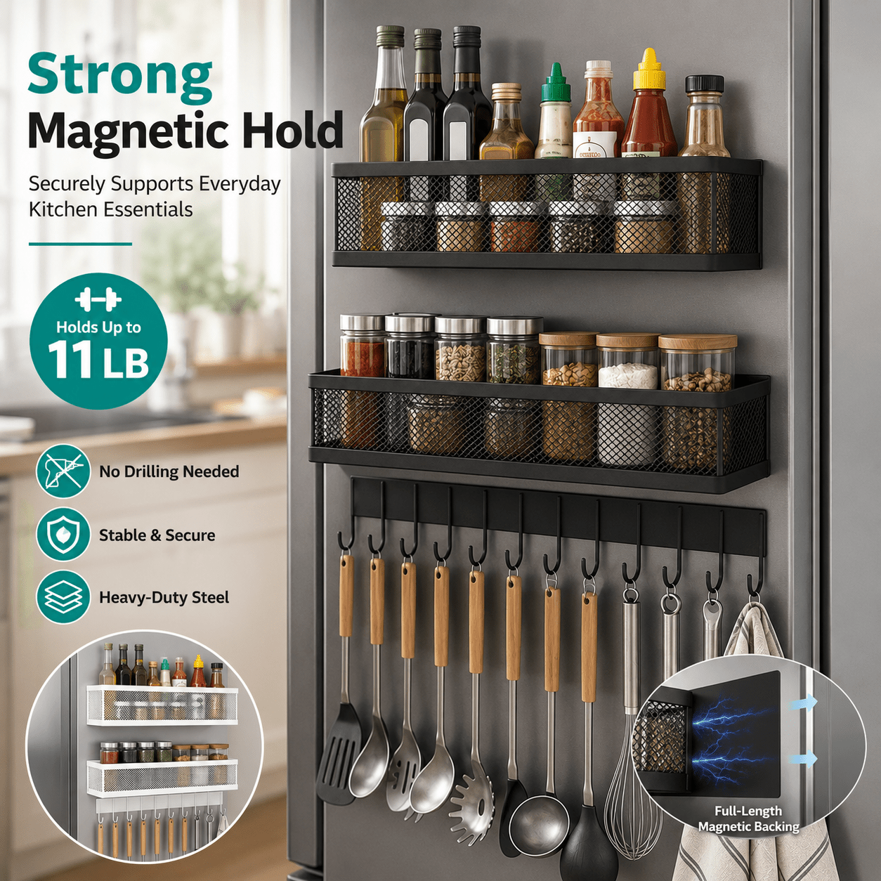 MagmaRack Kitchen Organizer | Magnetic Spice Rack with Hooks, Heavy-Duty Metal - Hartwella