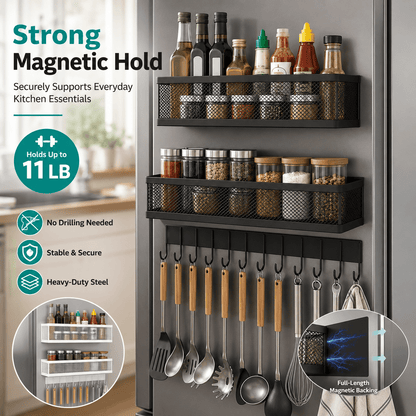 MagmaRack Kitchen Organizer | Magnetic Spice Rack with Hooks, Heavy-Duty Metal - Hartwella