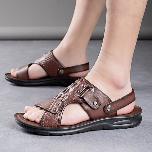 Maverick Beach Sandals | 2 - in - 1 Rotatable Ankle Strap, Durable Leather, Comfortable Footbed - Hartwella