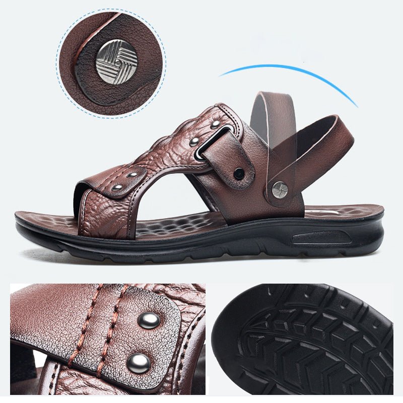 Maverick Beach Sandals | 2 - in - 1 Rotatable Ankle Strap, Durable Leather, Comfortable Footbed - Hartwella
