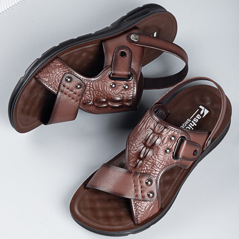 Maverick Beach Sandals | 2 - in - 1 Rotatable Ankle Strap, Durable Leather, Comfortable Footbed - Hartwella