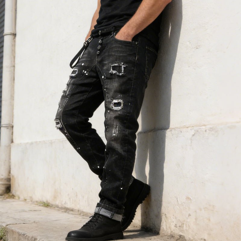 Maverick Slim Fit Jeans | Distressed Ripped Black Design - Hartwella