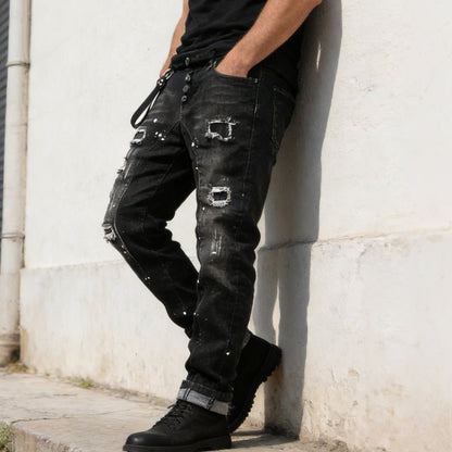 Maverick Slim Fit Jeans | Distressed Ripped Black Design - Hartwella