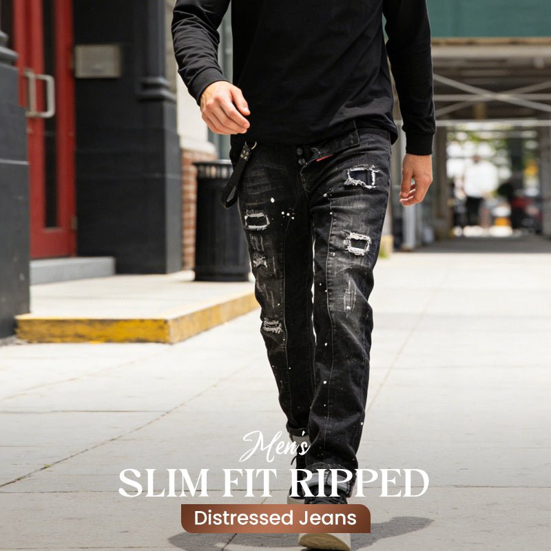 Maverick Slim Fit Jeans | Distressed Ripped Black Design - Hartwella