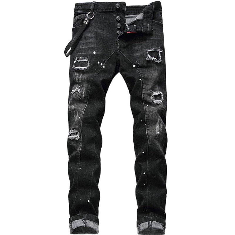 Maverick Slim Fit Jeans | Distressed Ripped Black Design - Hartwella