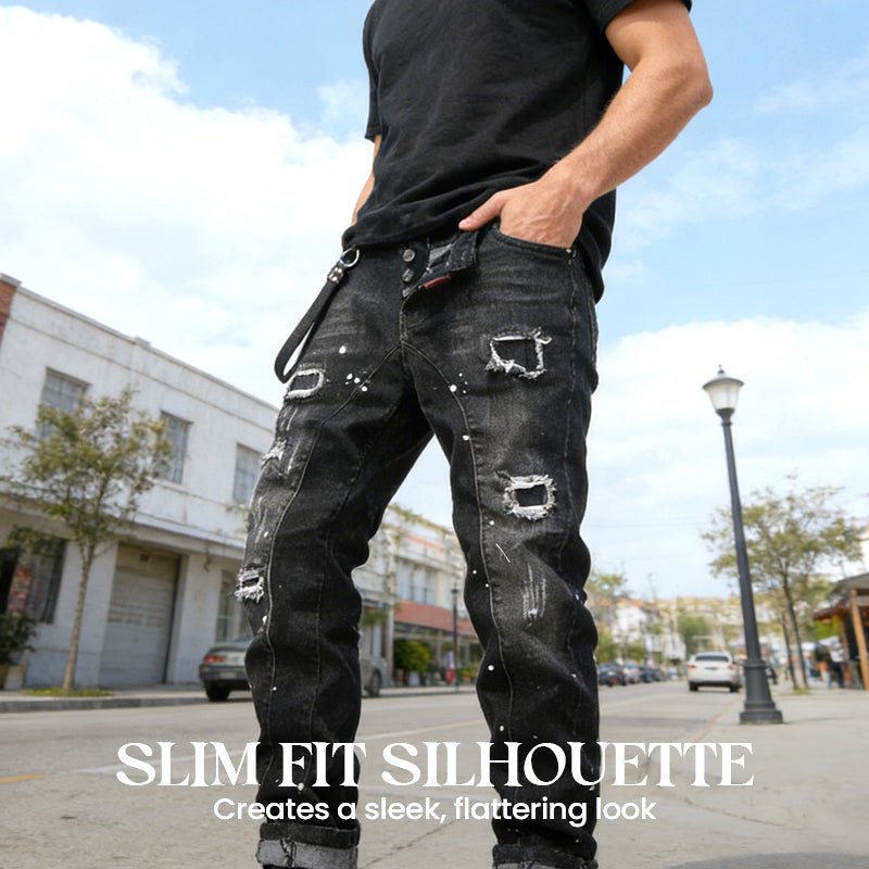 Maverick Slim Fit Jeans | Distressed Ripped Black Design - Hartwella