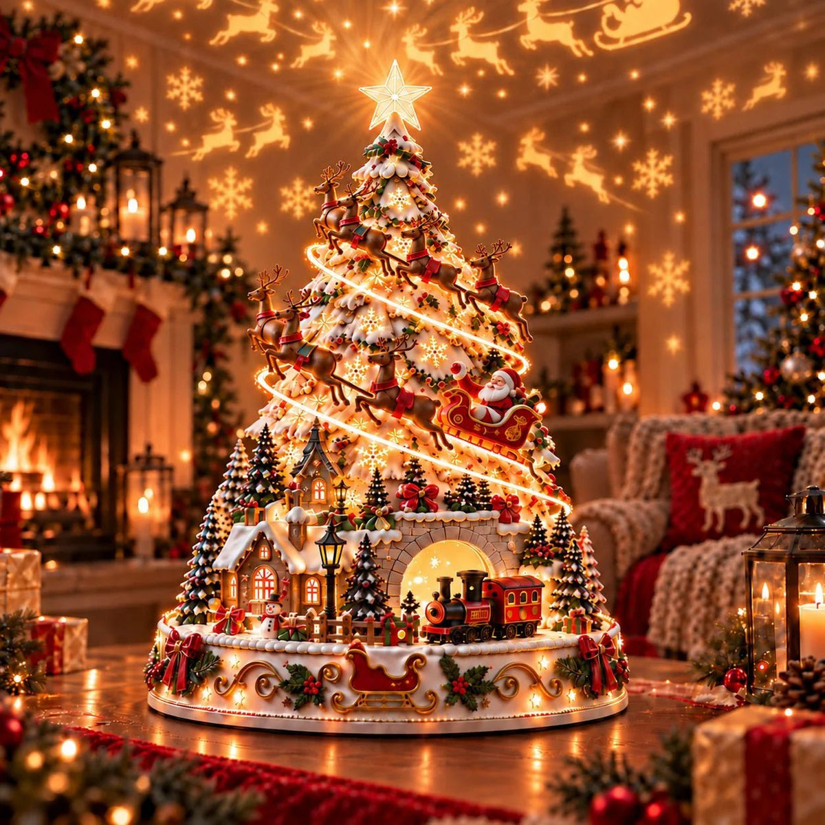 Merrin Christmas Village Tree | Warm Ivory, Red, Green, Antique Gold - Hartwella