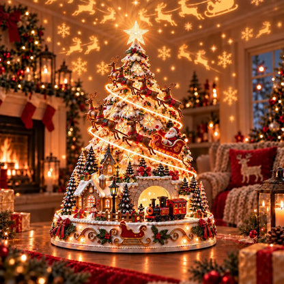 Merrin Christmas Village Tree | Warm Ivory, Red, Green, Antique Gold - Hartwella